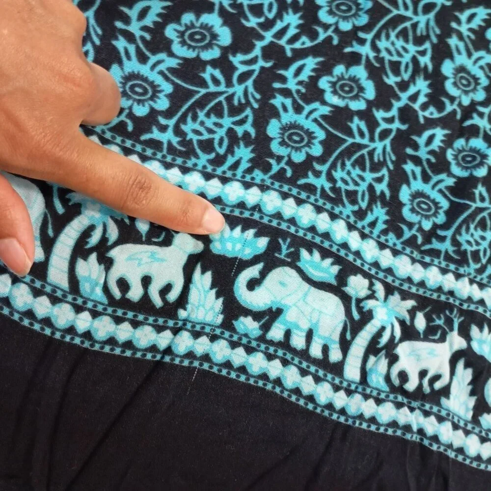 Bagus Scarf Or Throw Elephant Mandala Print Blanket Black & Teal Fringe Edges